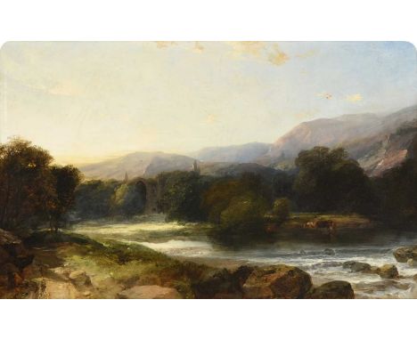 Henry Bright (1810-1873)Cattle watering beside Abbey ruins Signed, oil on canvas, 43cm by 69cm, with arched top cornersIn ful