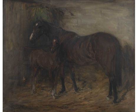 Robert L Alexander RSA, RSW (1840-1923) ScottishBay mare and foal standing in a stableSigned and dated 1907, oil on canvas, 6