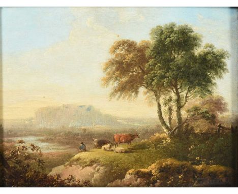 Charles Towne (1763-1840)Landscape with figure tending sheep and cattle Signed and inscribed, oil on panel, 16.5cm by 21.5cmC