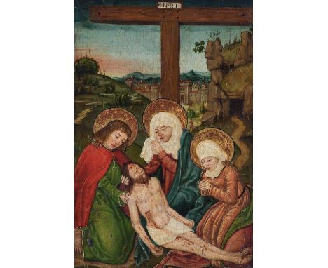 Manner of Campin (c.1375-1444) Flemish Lamentation of ChristOil on panel, 30.5cm by 20cm Fully cradled panel. Covered in a th