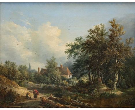 Attributed to Edward Williams (1782-1855)A wooded landscape with figures on a path by a pond, a village beyond Boy with a dog