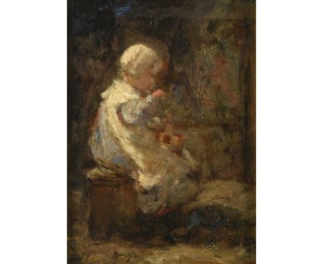 Robert Gemmell Hutchinson (1855-1936) ScottishAn apple a day - young child seated in an interior eating an apple with a churn