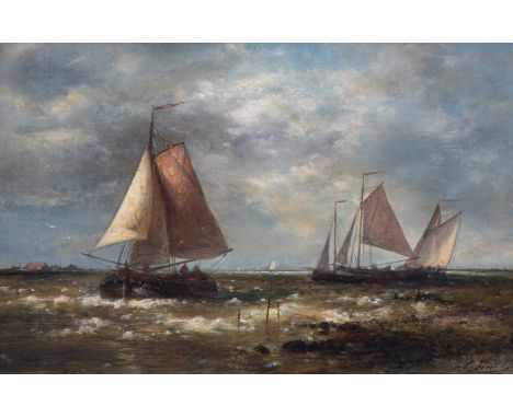 Abraham Hulk Snr. (1813-1897) Fishing smacks in inclement weather Signed, oil on canvas, 19cm by 29cm Fairly stiffly relined,