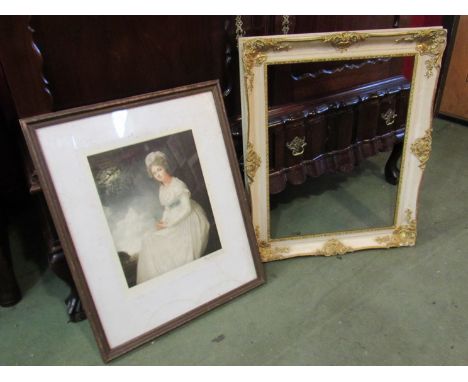 Portrait mezzotint of a lady and a gilt and white frame, 36cm x 28cm