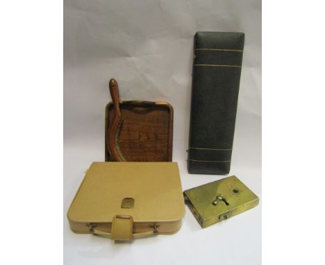 A brass door lock, table crumb scoop, carving set case and writing case (4)