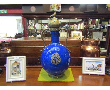 A Turkish twin handled cobalt blue ceramic vase with brass detail and turquoise roundels (modern copy of a lidded vase from t