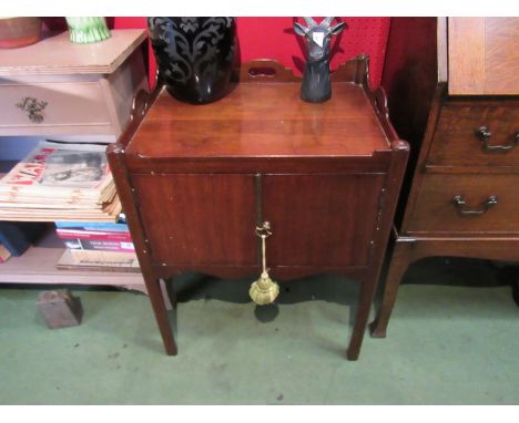 A George III mahogany tray-top bedside cabinet, with two door pot cupboard, on rectangular legs, with key, 71cm tall x 55cm w