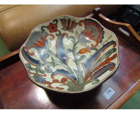 G. Fieravino ceramic bowl depicting flowers and butterflies, a/f, crack to foot, 12cm tall x 31cm diameter