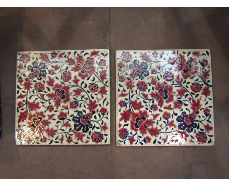 Two large Zsolnay tiles, 22cm x 22cm, chips present 