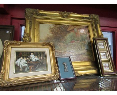 De Greef R?: A small 20th Century oil on board of monks in tavern scene, signed lower right, 16.5cm x 11.5cm, an oleograph of
