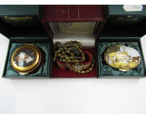 Two cased Crummles patch boxes including violin and figures by a hay cart, a cased Rotary wristwatch and brooch etc.         
