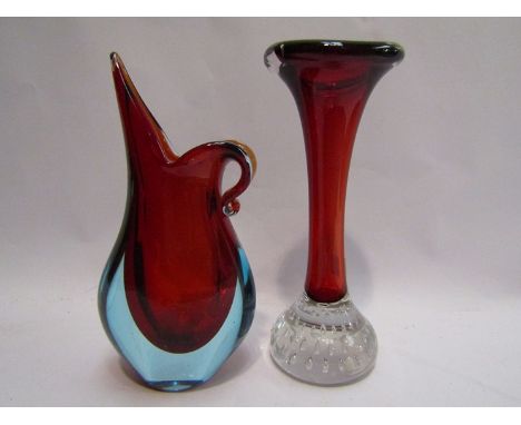 A Whitefriars cased ruby red art glass beak vase, mid 1950's, 16cm tall and a Whitefriars ruby red vase with bubbled base, po