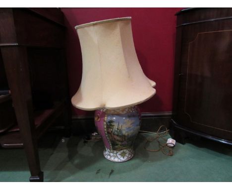 A Meissen porcelain table lamp with shade decorated with cartouches, 50cm tall    