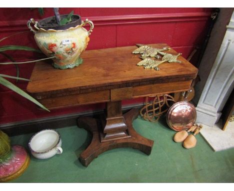 A Victorian walnut card table, the flip top over shaped support to quatreform plateau base, 91cm wide x 45cm deep x 74cm tall
