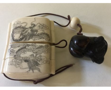 JAPANESE INRO &amp; NETSUKE - beautiful bone four section inro with engravings of birds on one side and a dragon on the other