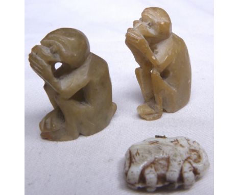 JAPANESE NETSUKE. Three hand carved Japanese netsuke and a black silk Japanese hat