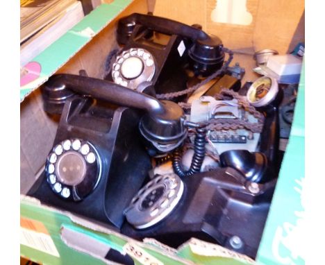 BAKELITE TELEPHONES. Three vintage Bakelite telephones and related equipment