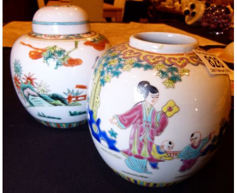 CHINESE GINGER JARS. Two 20thC Oriental ceramic ginger jars A/F 