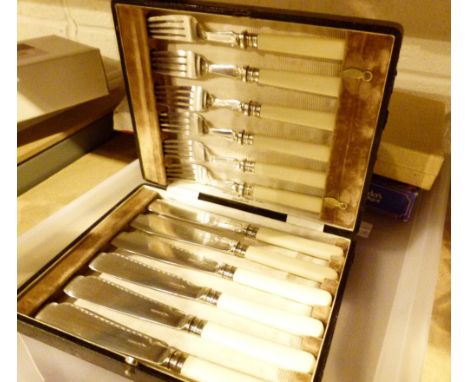 SILVER PLATED FLAT WARE. Tray of silver plated flatware including cake servers 
