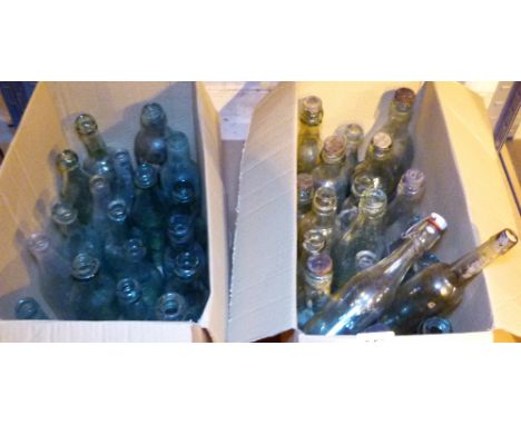VINTAGE ENGLISH AND WELSH BOTTLES. Two boxes of North West England and North Wales glass bottles.