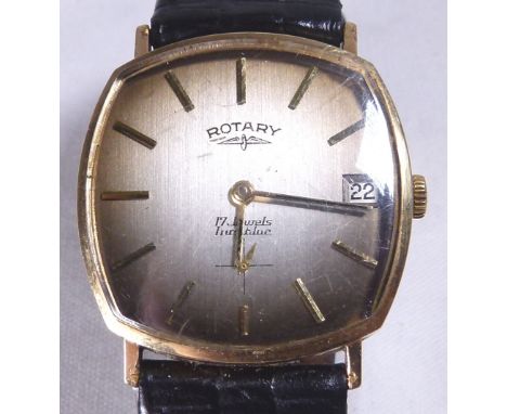 9CT GOLD ROTARY. Gents 9ct gold Rotary 17 jewel mechanic wristwatch on black leather strap