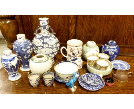 ORIENTAL CERAMIC ITEMS. Collection of mixed Oriental ceramic items including flask vases