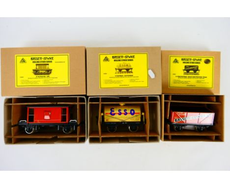 Bassett-Lowke - 3 x boxed O gauge wagons, Esso tanker # BL99065, a 7-plank coal wagon in Bassett-Lowke livery # BL99057 and a