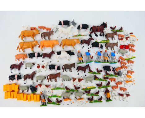 Britains - A loose collection of over 100 Britains plastic Farm animal, Farm workers and accessories. Lot includes Britains #