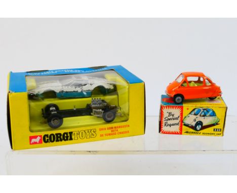 Corgi - 2 x boxed cars, a Heinkel in orange with detailed cast wheels # 233 and a De Tomaso Mangusta with removable chassis #