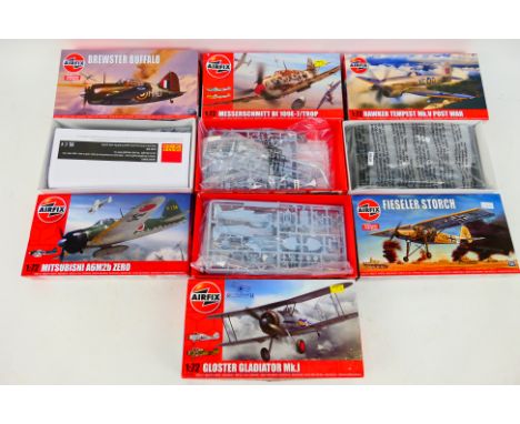 Airfix - Six boxed 1:72 scale plastic military aircraft model kits from Airfix. Lot includes A01047V Fieseler Storch; A02050V