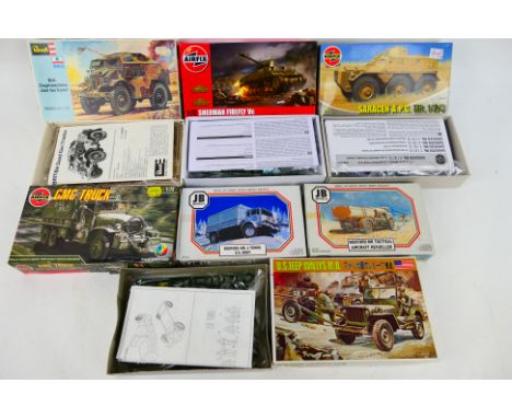 Airfix - Revell - JB Models - Other Seven boxed plastic military vehicle model kits in 1:72 and 1:76 scale. Lot includes JB M