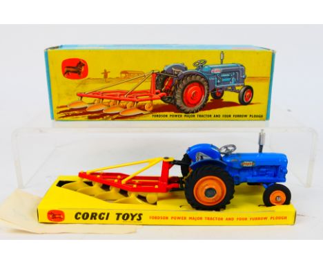 Corgi - A boxed Fordson Power Major tractor with dull orange wheels and four furrow plow from 1961-63 # GS 18. The tractor sh