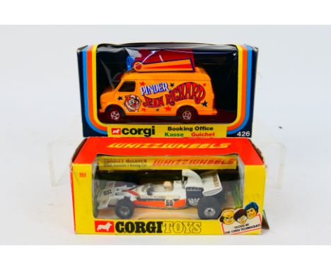 Corgi - 2 x boxed models, a Pinder Circus booking office van # 426 and a Yardley McLaren M19A Formula 1 car # 151. The van ap