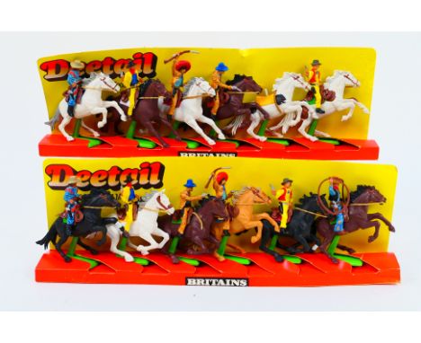 Britains - Two sets of Britains Deetail mounted Cowboys / Mexican on display strip. Each set contains 6 mounted figures. One 