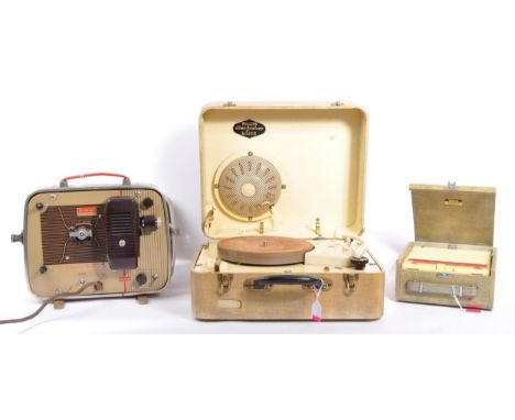 A vintage 1950s portable record player / turntable by Philips - Disc Jockey Major with a 
Brownie eight - 58 projector by Kod