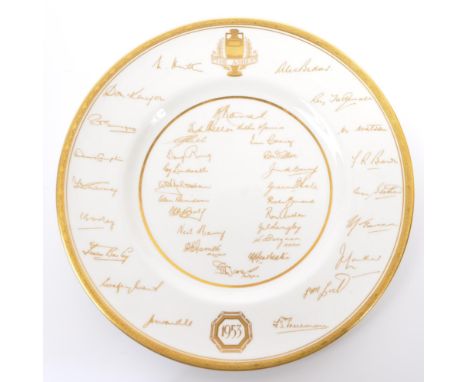 A mid 20th century 1953 Royal Worcester commemorative The Ashes wall plate. The plate having white ground with gilt detailing