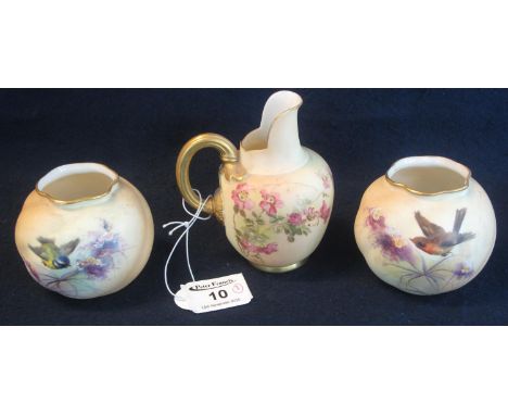 Royal Worcester porcelain helmet shaped jug, shape no. 1094, overall floral painted decoration on peach ground. Together with