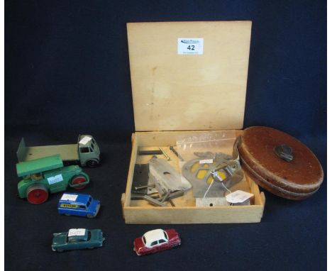 A box of play worn vintage Dinky and Matchbox toys to include, 'Guy' lorry, Aveling Barford road roller, Matchbox Bedford Dun