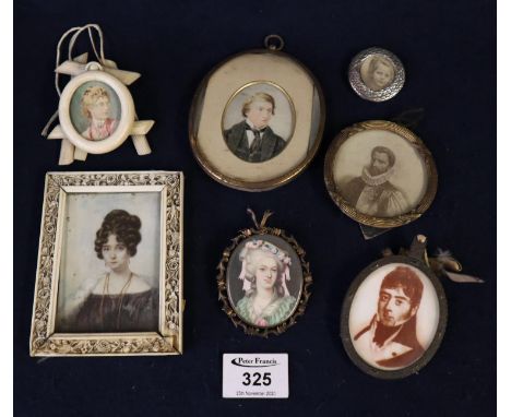 Collection of assorted portrait miniatures, two painted on ivory, a young gentleman, oval and a young woman with piled hair w