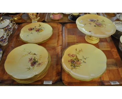 Two trays of Royal Worcester blush ivory cabinet plates, decorated with flowers, dragonflies and butterflies, together with t