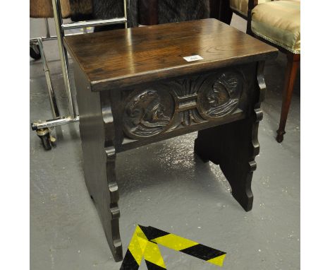 17th Century style oak carved stool or work box with hinged lid and shaped sides. (20th Century)(B.P. 21% + VAT) 