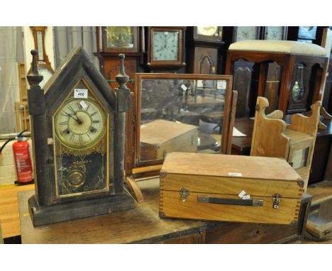 American architectural two train mantel clock, together with a mahogany framed toilet or bedroom swivel mirror and a teak tra