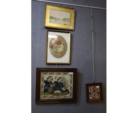Victorian Berlin woolwork, study of two children, a silk needlework botanical study and a silk needlework estuary landscape a