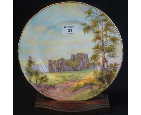 Royal Worcester bone china printed and painted cabinet plate, 'Oystermouth Castle', with printed marks and Royal Worcester bo