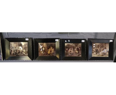 A group of framed convex glass crystoleums, two pairs, 18th Century interior scenes of figures having a party and 19th Centur