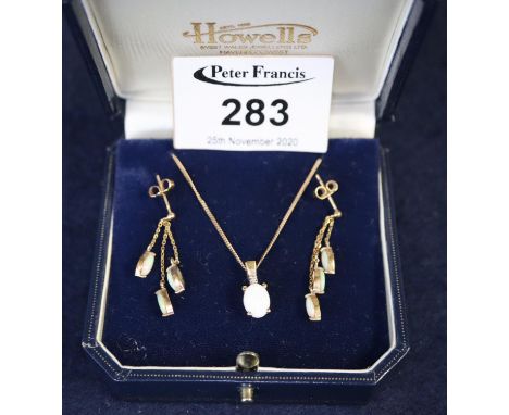 9ct gold opal and diamond pendant and earrings.  Approximate weight 3.5 grams.  (B.P. 21% + VAT) 