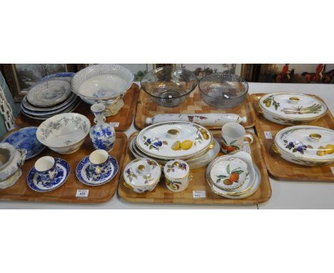 Two trays of Royal Worcester Evesham oven to tableware items, together with a tray of glass, two bowls and a rolling pin and 