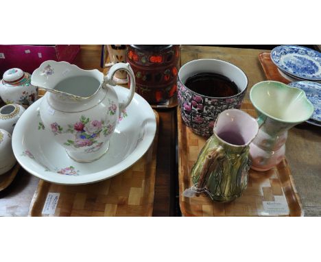 Three trays of china to include; floral jug and basin, jardinieres, Art Deco jugs etc. (3)(B.P. 21% + VAT) 