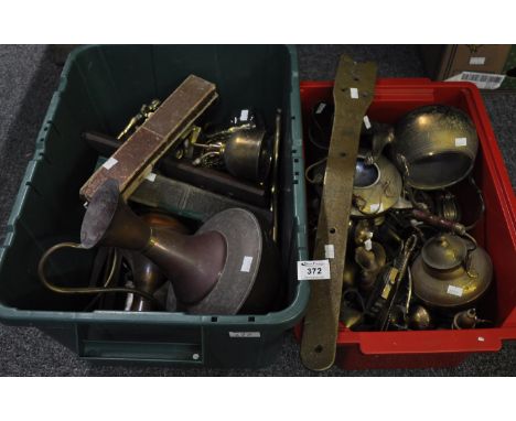 Two boxes of assorted metalware and other items, vintage rulers, baluster jugs and ewers etc. (2)(B.P. 21% + VAT) 