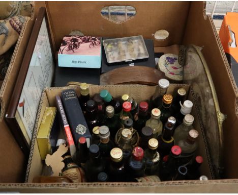 Box of oddments including; miniature liqueurs and spirits, brassware, boudoir clock, dressing table tray and items, frame, fi